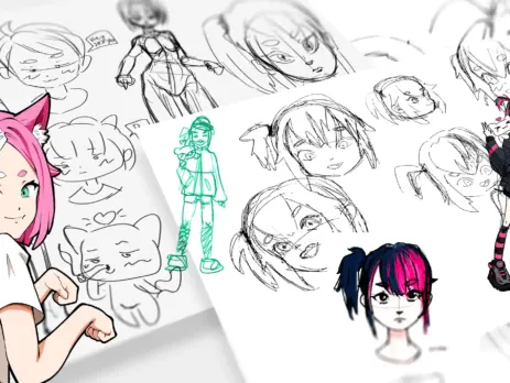 A collection of early sketches and doodles of Yumi